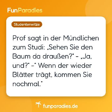 Prof sagt in der Mündlichen zum Studi: „Sehen Sie den Baum da draußen?“ - „Ja, und?“ -“ Wenn der wieder Blätter trägt, kommen Sie nochmal.“