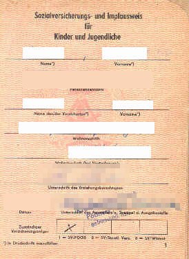 Sozialversicherungs- und Impfausweis für Kinder und Jugendliche, erste Seite