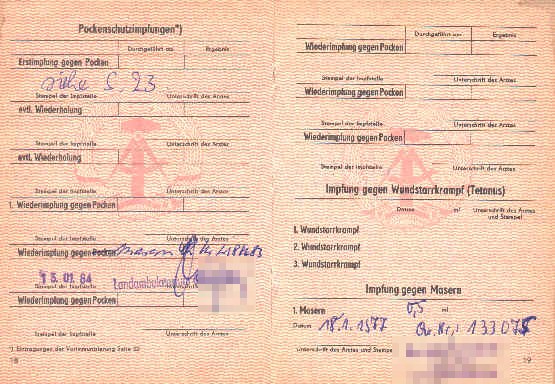 Impfausweis, Seiten mit Pockenschutzimpfung, Tetanus und Masern
