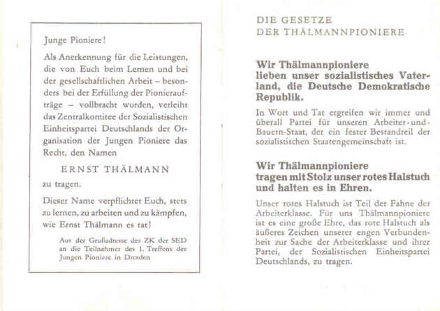 Grußadresse des ZK der SED und die ersten Gesetze der Thälmannpioniere