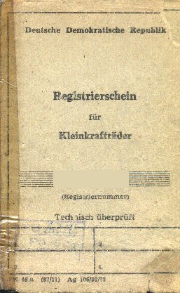 Registrierschein für Kleinkrafträder der DDR, Titelseite