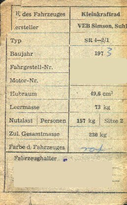 Registrierschein, Innenseite mit den technischen Daten einer Simson SR 4-2/1