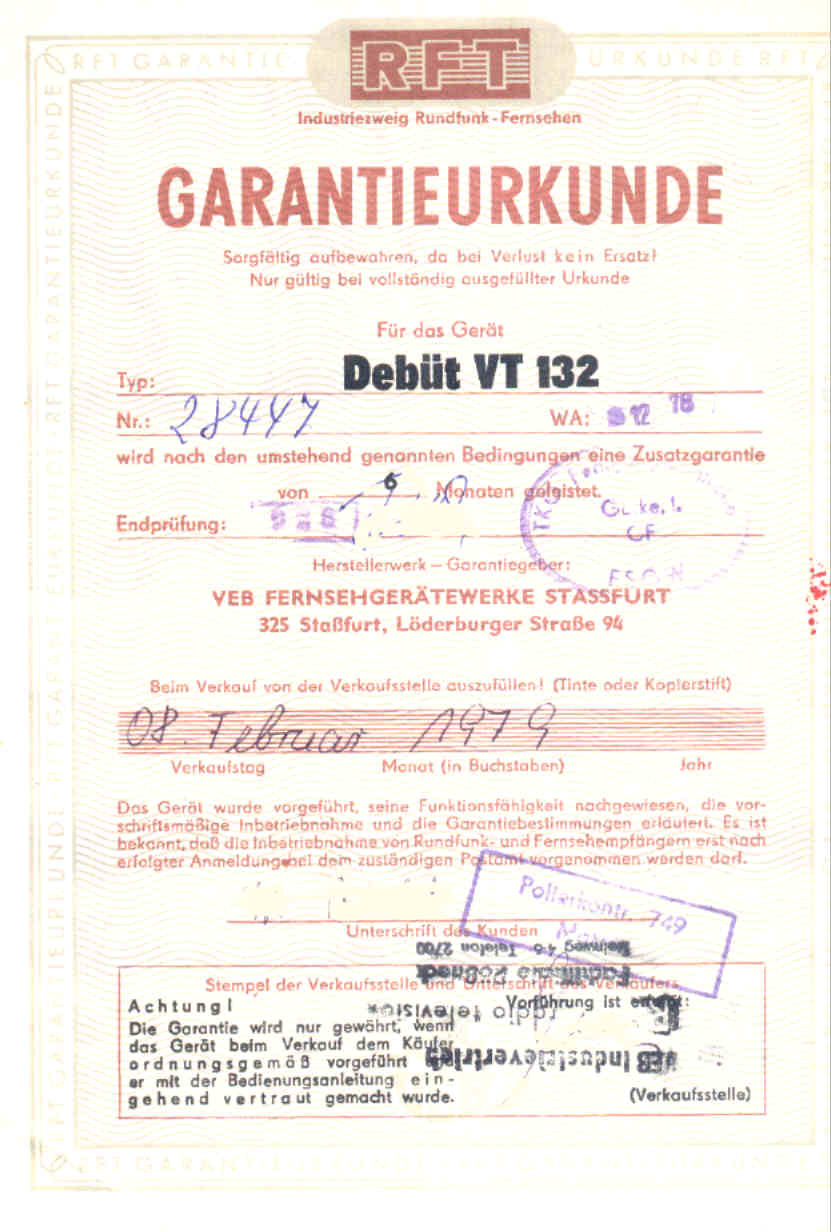 RFT-Garantieurkunde für den Fernseher Debüt VT 132