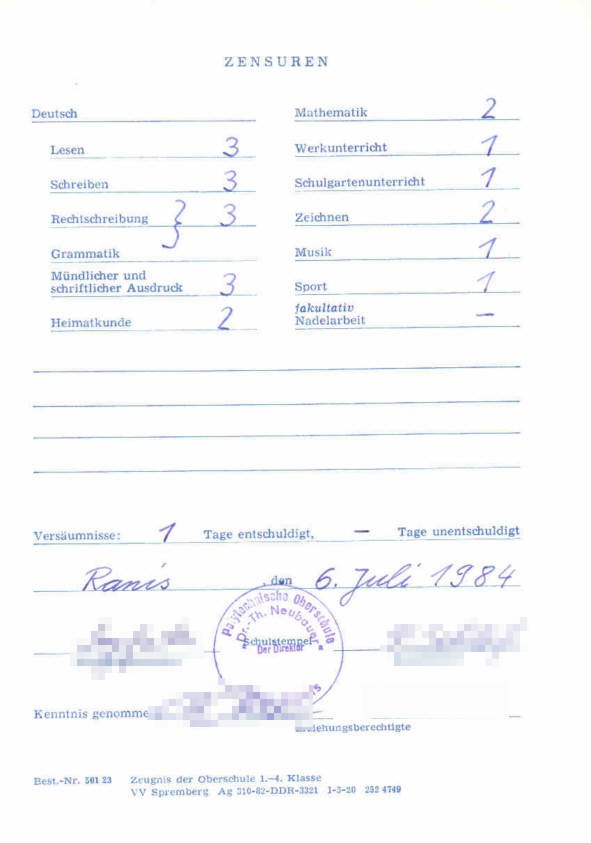 Zeugnis, Rückseite mit den Zensuren