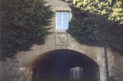Von Efeu umrankter Torbogen mit Wappenstein